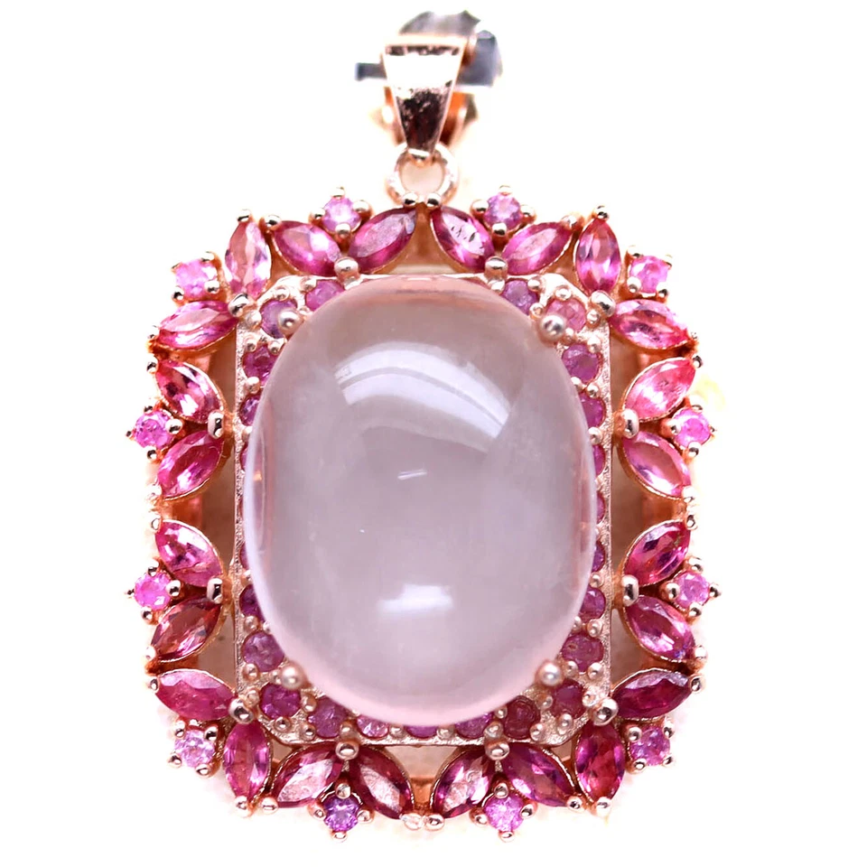 Edelstein 15 x 20 Mm. Rose Quarz & Rosa Saphir Anhänger 925 Sterlingsilber - Bild 1 von 4