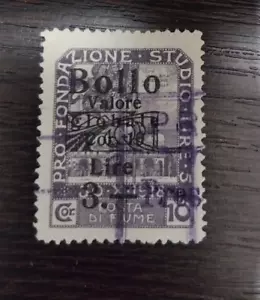 Fiume 1920s Croatia Italy, overprinted used revenue stamp 3 Lire - Picture 1 of 4