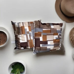 Decorative Brown Throw Pillows Pair 16” Square Cotton Linen Silk Abstract Couch - Picture 1 of 10