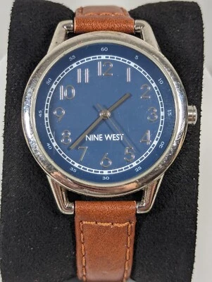 Nine West Blue Dial Round Silver Tone Case Brown Leather Band Watch - Image 1 of 4