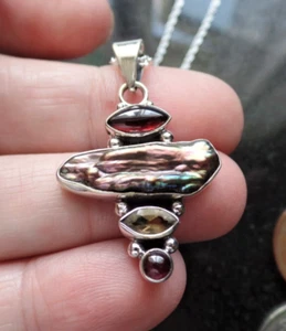 Superb Boho Sterling Silver Iridescent Biwa Pearl Garnet & Citrine Necklace - Picture 1 of 6