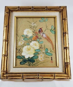 Marco de bambú de papel de corcho rojo cardenal y flores firmado chino años 70 - Imagen 1 de 6