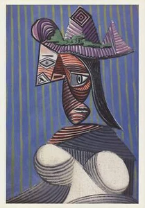 PABLO PICASSO Bust of a Woman Wearing a Striped Hat 17" x 12" Offset Lithograph - Picture 1 of 4