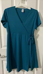Teal Green Dress Side Tie Above Knee Short Sleeves Size L Polyester Spandex NEW - Picture 1 of 9