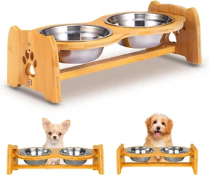 Elevated Dog Bowls for Cats and Dogs, Adjustable Bamboo Raised Dog Bowls for Sma - Picture 1 of 12