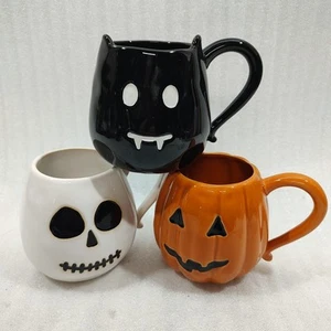Vintage Pottery Barn Halloween Tassen (3) Fledermaus Skelett und Jack-o'-Laterne GUC RARITÄT OVP - Bild 1 von 10