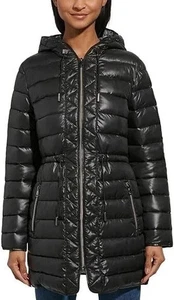 Kenneth Cole Women Puffer Jacket Black Hooded Zip Front Cinch Waist Long XXL NWT - Picture 1 of 15