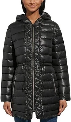 Kenneth Cole Women Puffer Jacket Black Hooded Zip Front Cinch Waist Long XXL NWT - Image 1 of 4
