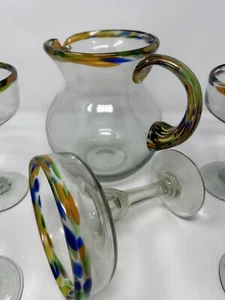 Blown Glass Colorful Confetti Path 5 Margarita Glasses And 1 Pitcher - Picture 1 of 16