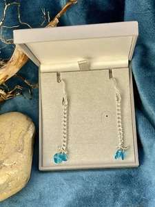 Sterling Silver Curb Chain Earrings With Turquoise Czech Crystals. - Picture 1 of 17