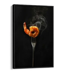 FRESHLY COOKED PRAWN ON A FORK KITCHEN FLOAT EFFECT CANVAS ART PRINT - Picture 1 of 12