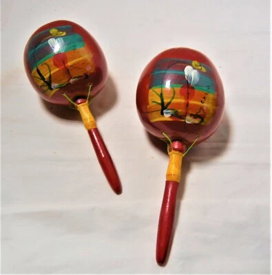 VINTAGE 2 Red Maracas Mexican Fiesta Party Hand Rumba Shaker - Image 1 of 4