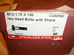 M12 x 130mm Hex Head Bolt & Nut, 316 stainless steel, box pf 25 (XXV) - Picture 1 of 5