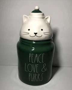 Rae Dunn "Peace Love & Purrs" Cat Treat Canister Green White w/ Lid New In Box - Picture 1 of 12