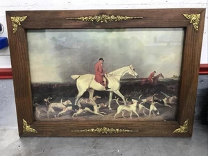 Stampa Scena Caccia Cavallo Bianco Cani Cornice Legno Decorazione Ottone �� Quadro - Foto 1 di 11