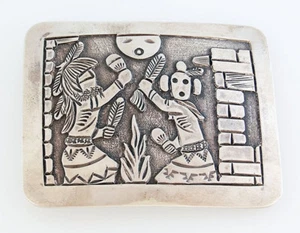 Navajo Handmade Sterling Silver Overlay Kachina Design Belt Buckle - Picture 1 of 2