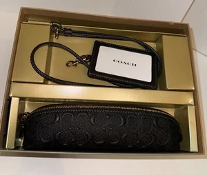 New COACH Signature Logo Black W/Gold Make Up/Pencil Case and ID Holder Lanyard - Picture 1 of 10