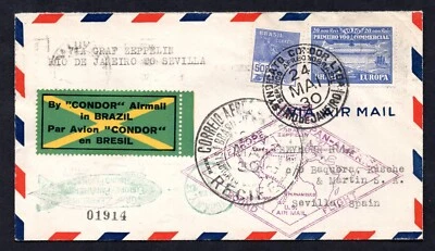 BRAZIL SPAIN 1930 US ZEPPELIN ROUND FLIGHT CONDOR RIO DE JANEIRO TO SEVILLE - Image 1 of 2