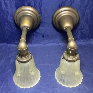 Wired Pair Brass Sconces Wired With Frosted Shades Great! 2H - Picture 1 of 6