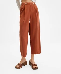 MNG Mango Pants Womens Size XL Wide Leg Cropped High Rise Button Detail Orange - Picture 1 of 12