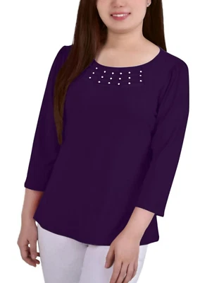 NY Collection Womens Petites Crepe Mesh Inset Blouse Size PM   M751 - Image 1 of 4