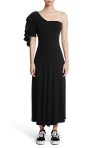BEAUFILLE Black DIONE Rib Knit Ruffle Sleeve One Shoulder Knit Midi Maxi XS 0/2 - Picture 1 of 10