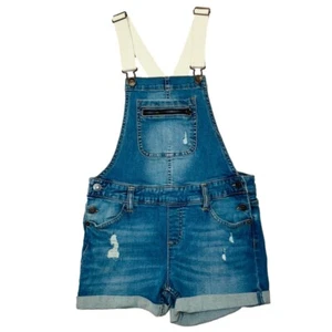 NWOT!Girls 14 JUSTICE “DISTRESSED SHORTALLS” Cotton Cuffed Suspender-SHORTS Blue - Picture 1 of 11