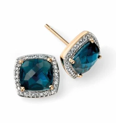 Ajedrez London Topacio Azul Pendientes Con Diamante En 9ct Oro Amarillo - Imagen 1 de 3