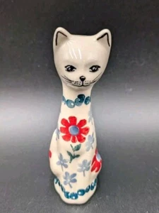 Polish Pottery Small Cat Figurine Unikat 4" Tall Hand Painted Floral Art Pottery - Picture 1 of 6