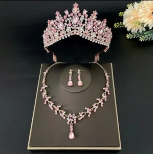 Pink Princess Crystal Sparkling Tiara, Wedding Prom Tiara Jewellery Sets - Picture 1 of 1
