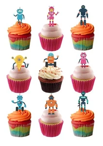 Cake Cupcake Toppers Cute ROBOTS 20 Stand Up Edible Wafer Paper Decorations - Picture 1 of 11