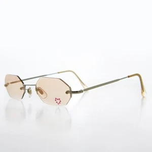 Orange Rimless Hexagon Red Heart Rhinestone Vintage Sunglass - Splashy - Picture 1 of 3
