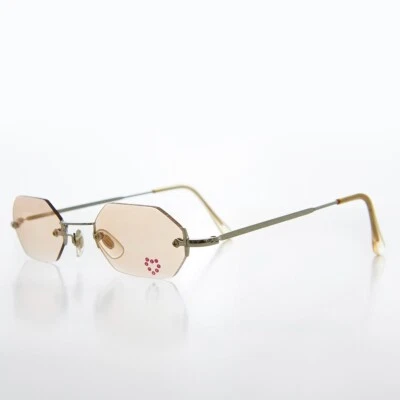 Orange Rahmenlosen Hexagon Rot Herz Strass Vintage Sonnenbrille - Splashy - Bild 1 von 3