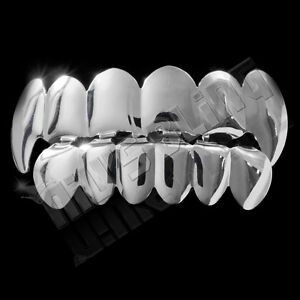 14K White Gold Plated Vampire Silver Fangs Tooth Top Bottom GRILLZ JOKER Teeth