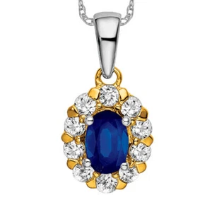 14K Solid Two Tone Gold Oval Blue Sapphire Diamond Halo Necklace - Picture 1 of 12