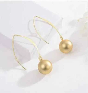 Gold Matte Long Hook Ball Dangle Earrings T - Picture 1 of 1