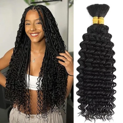 20" Deep Wave Human Hair Extensions 100% Real Boho Bulk Braid 110g - Image 1 of 4