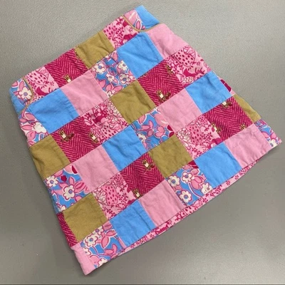 Lilly Pulitzer Skirt Patchwork Floral Pink Blue Tan Owls Zipper Back Girl Size 7 - Image 1 of 4