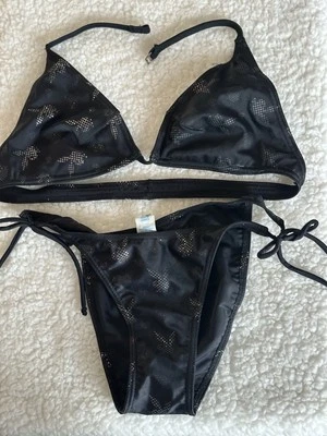 PLAYBOY BIKINI BLACK & MULTICOLOR GLITTER  BUNNYHEAD  SIZE SMALL & ACTUAL PICS - Image 1 of 4