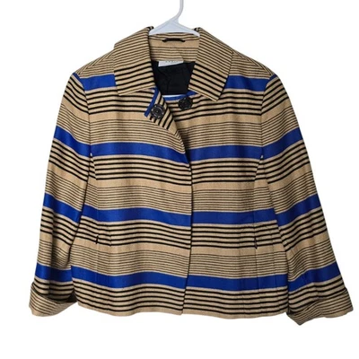AKRIS Punto Sz US 10 Medium Tan Blue Striped Crop Blazer - Image 1 of 4