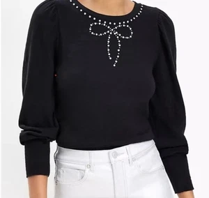 LOFT kleine schwarze Damen-Strickpullover mit Strass-Fliege und Puffärmeln neu mit Etikett - Bild 1 von 6