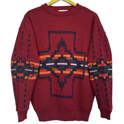 Vintage PENDLETON Aztec Southwest Western Wear Wool Sweater Size M Red USA 70s - Image 1 of 4