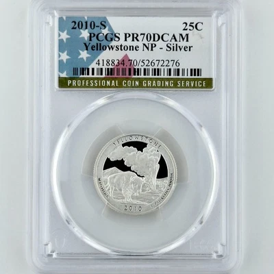 Yellowstone Silver Quarter PR 70 DCAM PCGS 2010 S Best Top Grade NP 25c USA Flag - Image 1 of 4