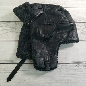 Vintage Black Leather Trapper Hat Sherpa Fleece Lined Bomber Pilot Aviator Cap - Picture 1 of 11