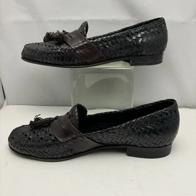 Moreschi 男式黑色编织皮革流苏乐福鞋意大利制造 9.5 码 — 第 1/4 张图片