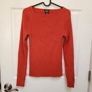 GAP Orange Square Neck Long Sleeve Ribbed Stretch Cotton Blend Sweater Womens M - Picture 1 of 4