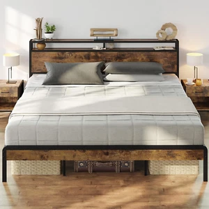 King Size Bed Frame, Platform Bed with 2-Tier Storage Headboard, Solid and Stabl - Picture 1 of 9