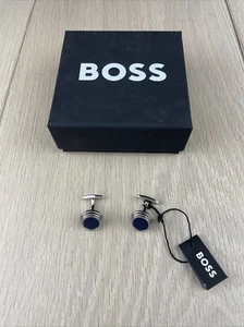 Mens Hugo Boss Cufflinks Tiers Round silver/Dark Blue - Brand New - Picture 1 of 6