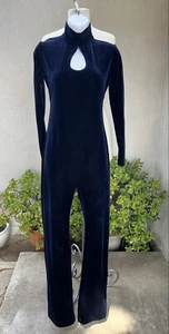 Vintage catsuit jumper pant navy blue velveteen Small Moda Int - Picture 1 of 12