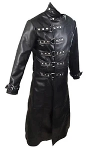 Mens Black Leather Trench Coat Steampunk Goth Metrix Style Overcoat - Picture 1 of 5